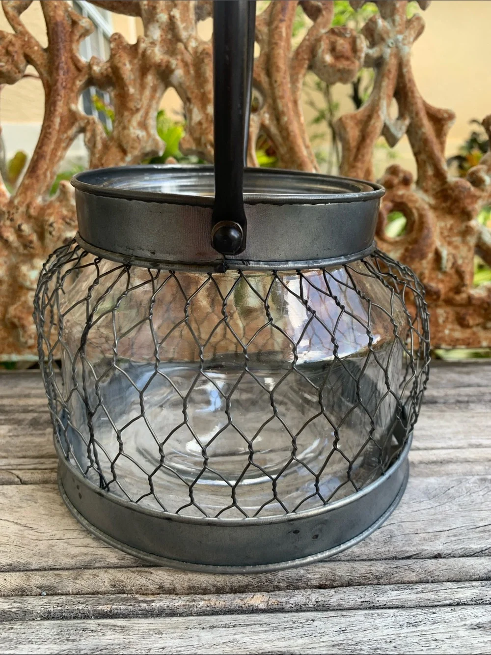 Vintage Gray Metal & Glass Jar Lantern with Arched Handle
